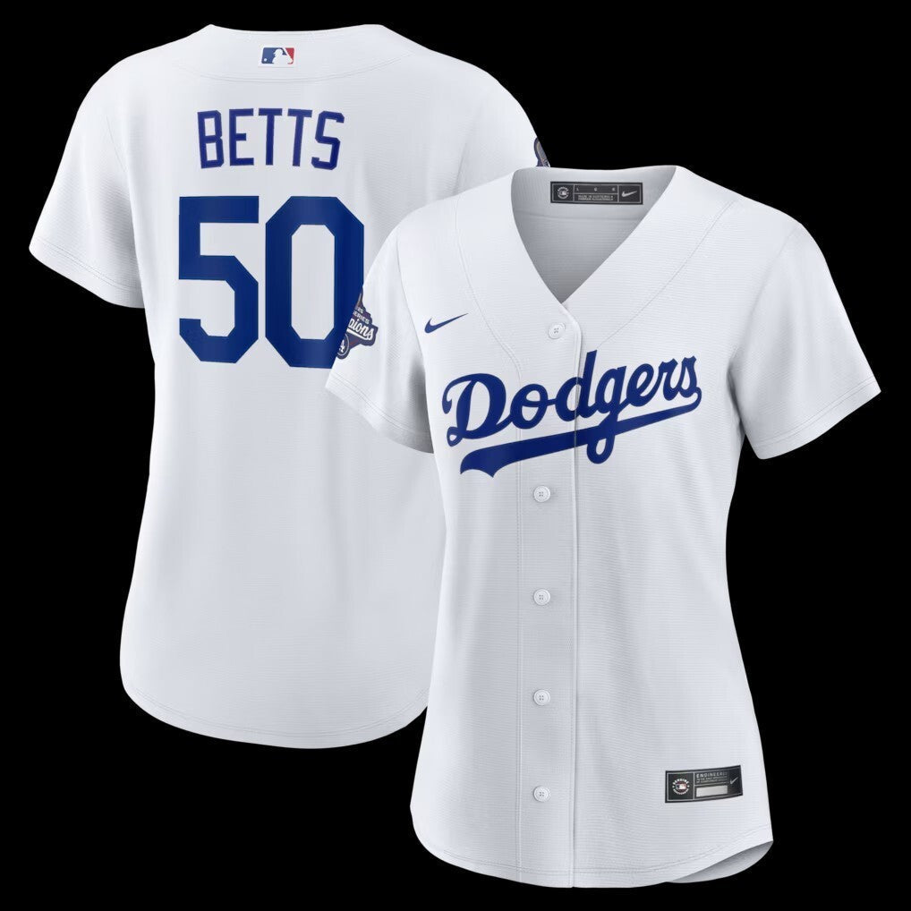 Women's Los Angeles Dodgers #50 Mookie Betts 2025 World Series Champions Home Replica Player Jersey - White baseball jersey product view 1