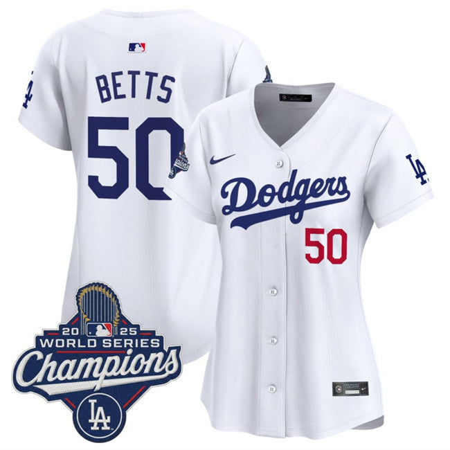 Women's Los Angeles Dodgers #50 Mookie Betts White 2025 World Series Champions Home Baseball Jersey baseball jersey product view 1