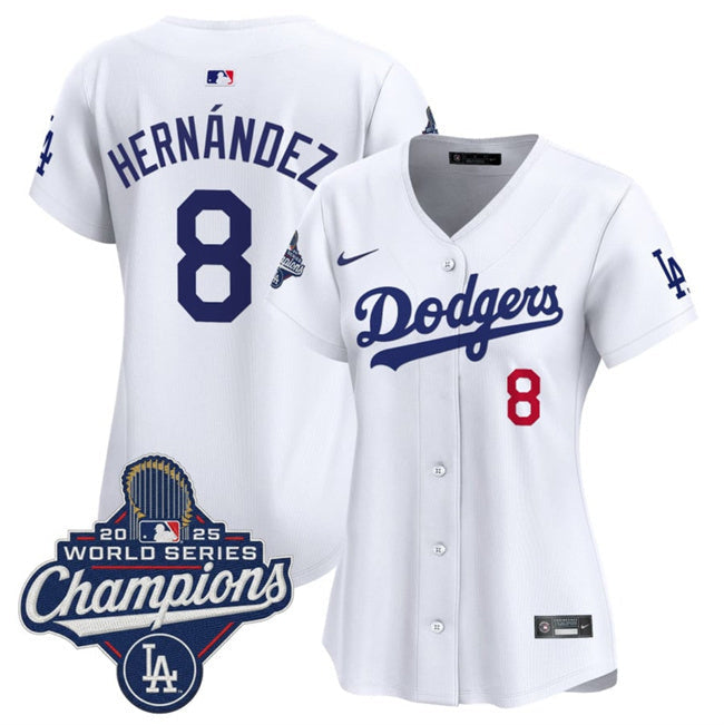 Women's Los Angeles Dodgers #8 Enrique Hernandez White 2025 World Series Champions Baseball Jersey baseball jersey product view 1