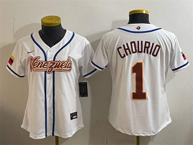 Women's Venezuela Baseball #1 Jackson Chourio White 2026 World Baseball Classic Home Football Jersey football jersey product view 1