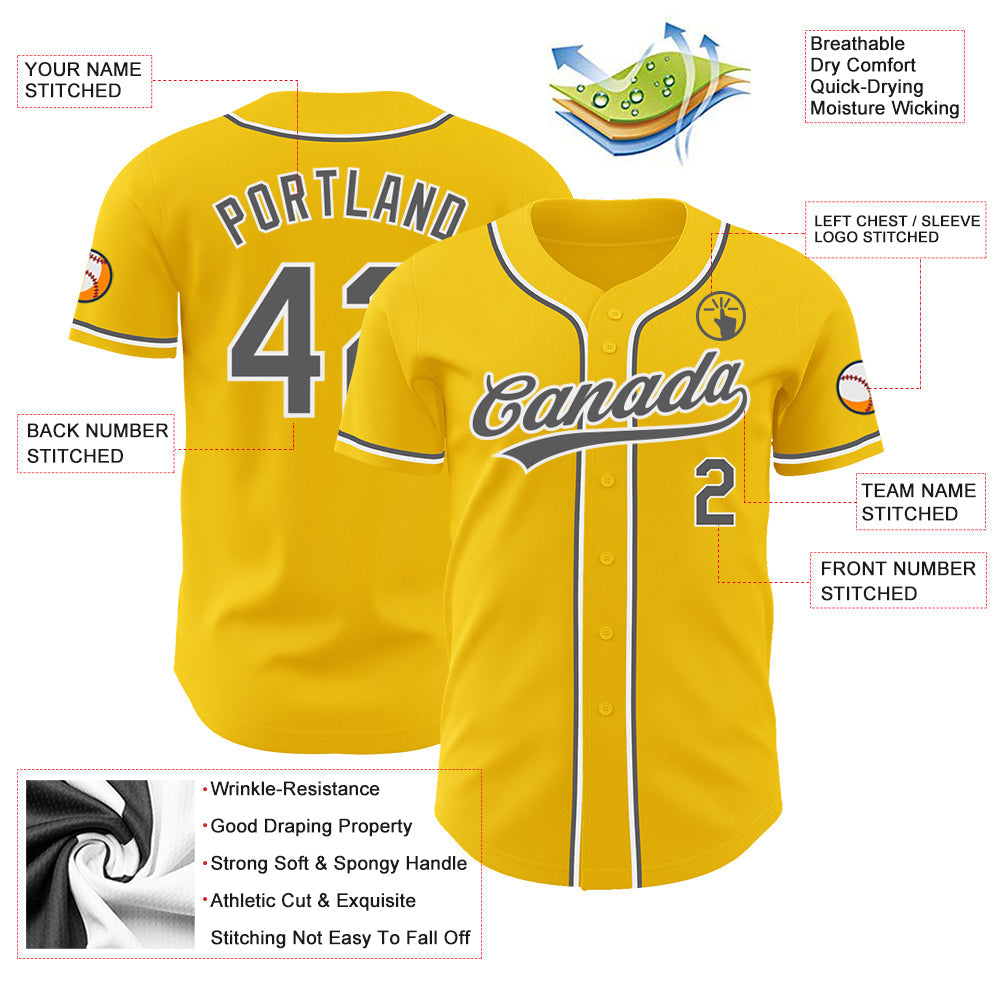 Custom Yellow Steel Gray-White Authentic Baseball Jersey baseball jersey product view 3