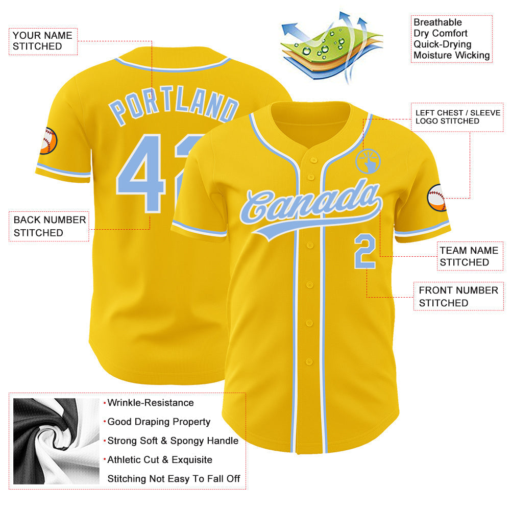 Custom Yellow Light Blue-White Authentic Baseball Jersey baseball jersey product view 3