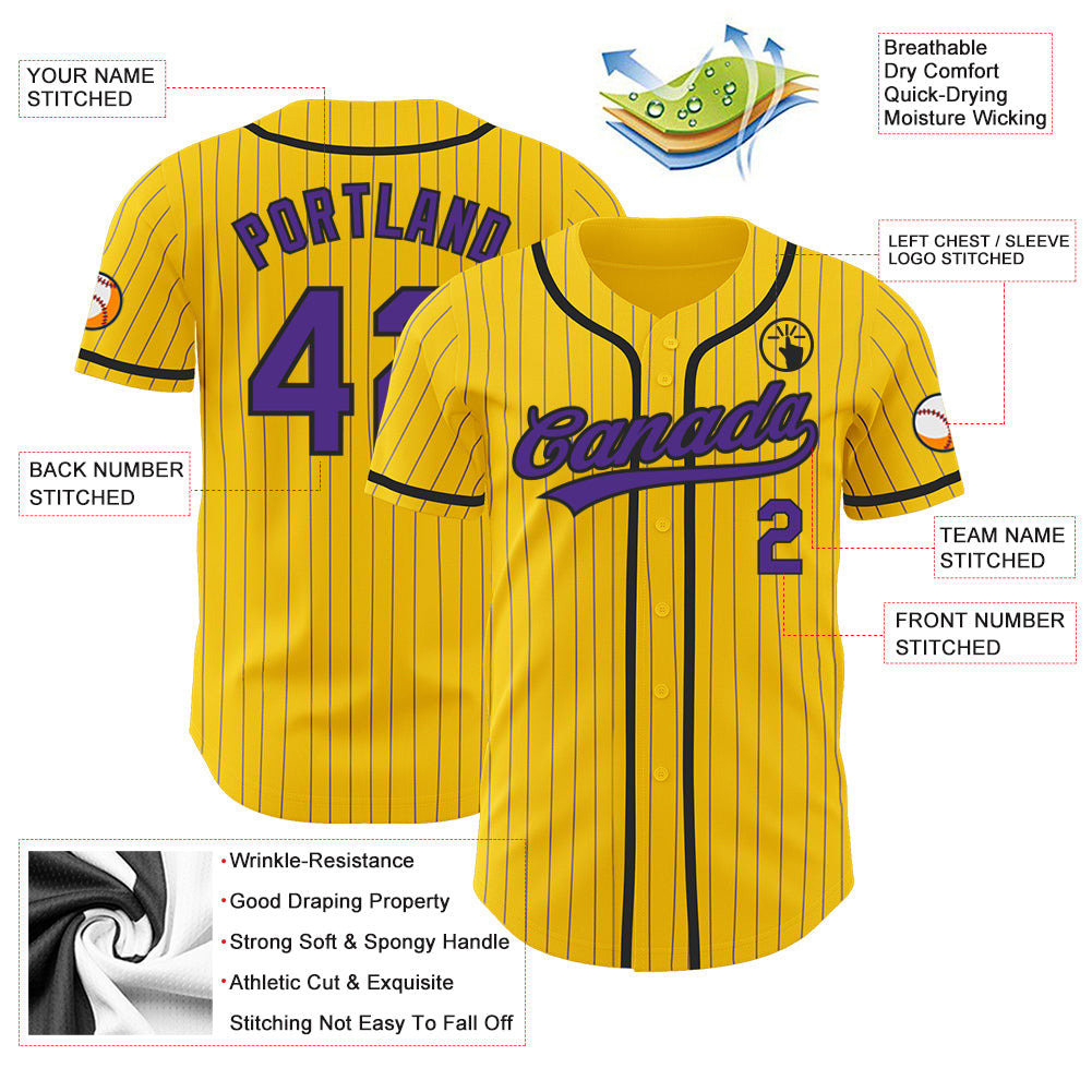 Custom Yellow Purple Pinstripe Black Authentic Baseball Jersey baseball jersey product view 3