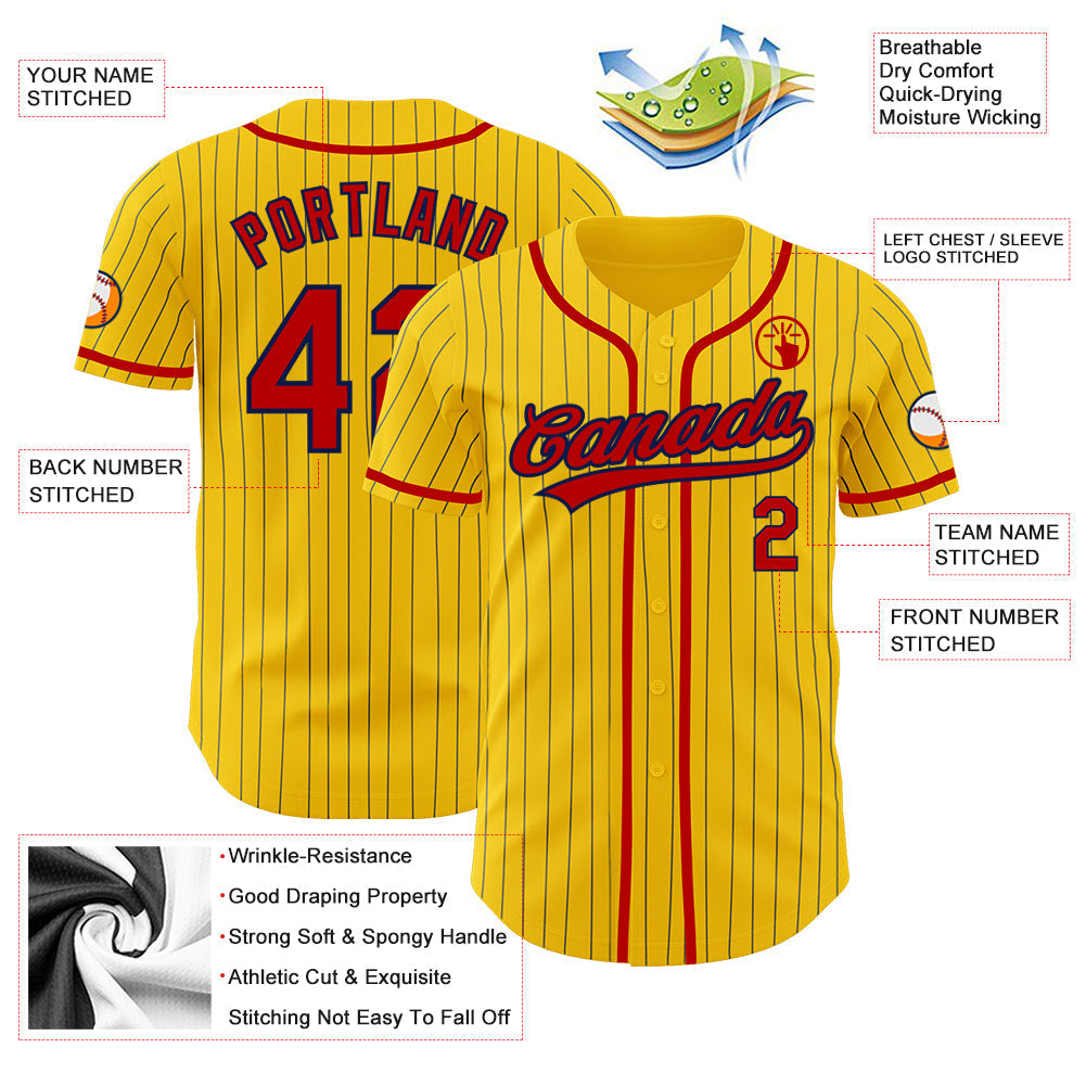 Custom Yellow Navy Pinstripe Red Authentic Baseball Jersey baseball jersey product view 3
