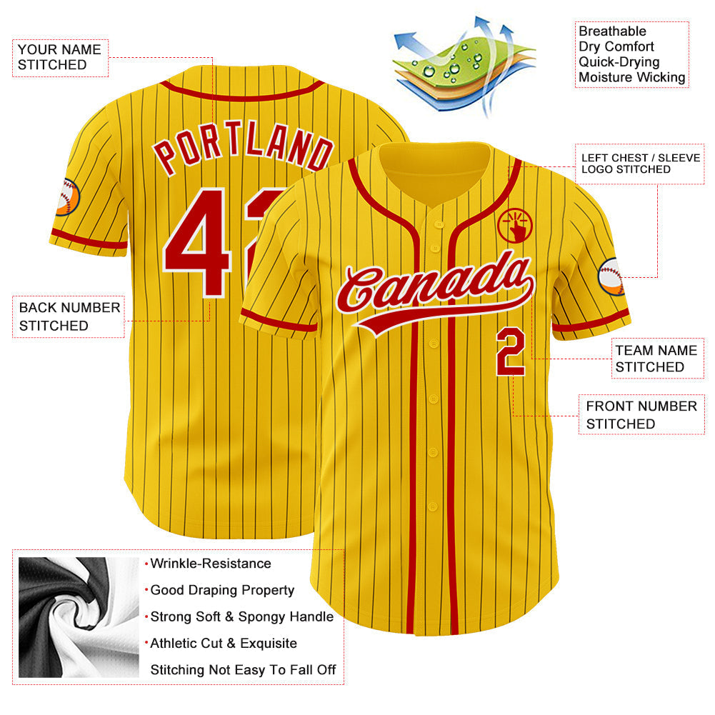 Custom Yellow Black Pinstripe Red-White Authentic Baseball Jersey baseball jersey product view 3