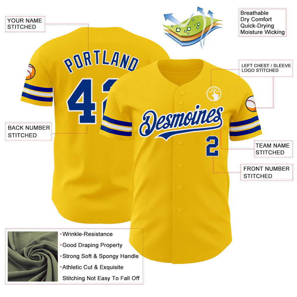 Custom Yellow Royal-White Authentic Baseball Jersey baseball jersey product view 3