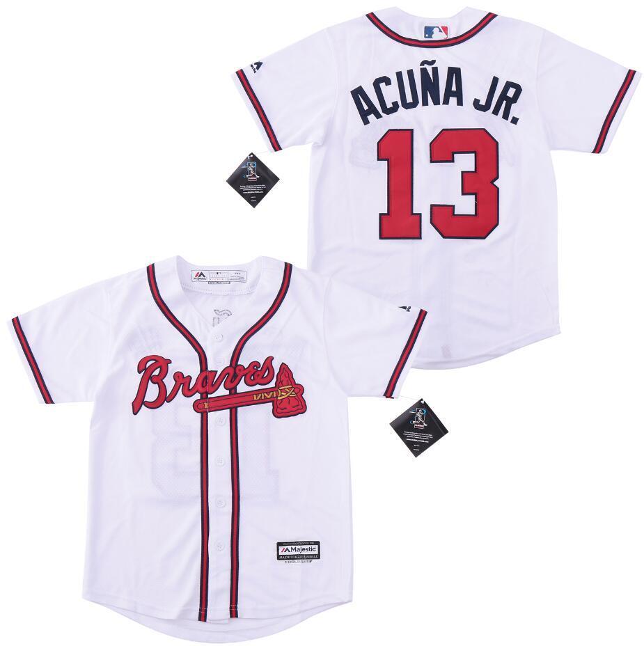 Youth Atlanta Braves #13 Ronald Acuña Jr. Warriors 13 White Youth Style 2 Baseball Jersey baseball jersey product view 1