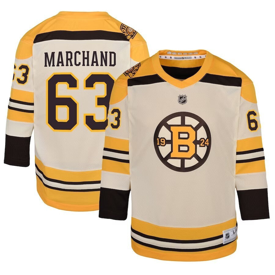 Youth Boston Bruins #63 Brad Marchand 100th Anniversary Replica Player Jersey - Cream Hockey Jersey hockey jersey product view 1