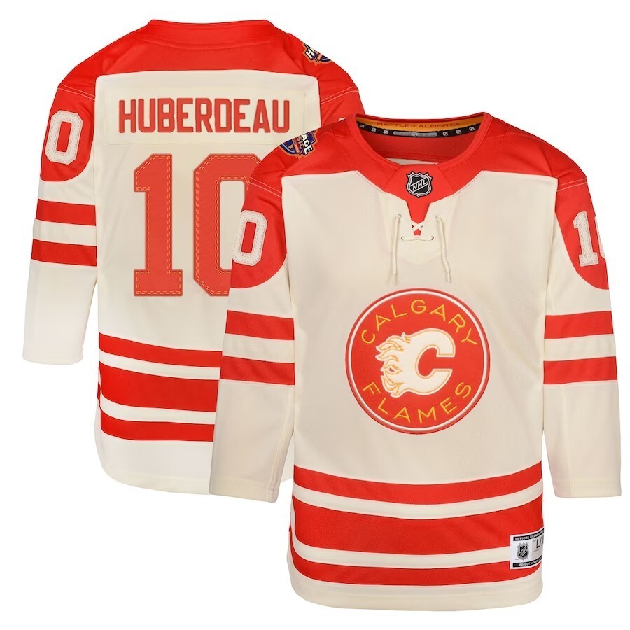 Youth Calgary Flames #10 Jonathan Huberdeau 2023 NHL Heritage Classic Premier Player Jersey – Cream hockey jersey product view 1
