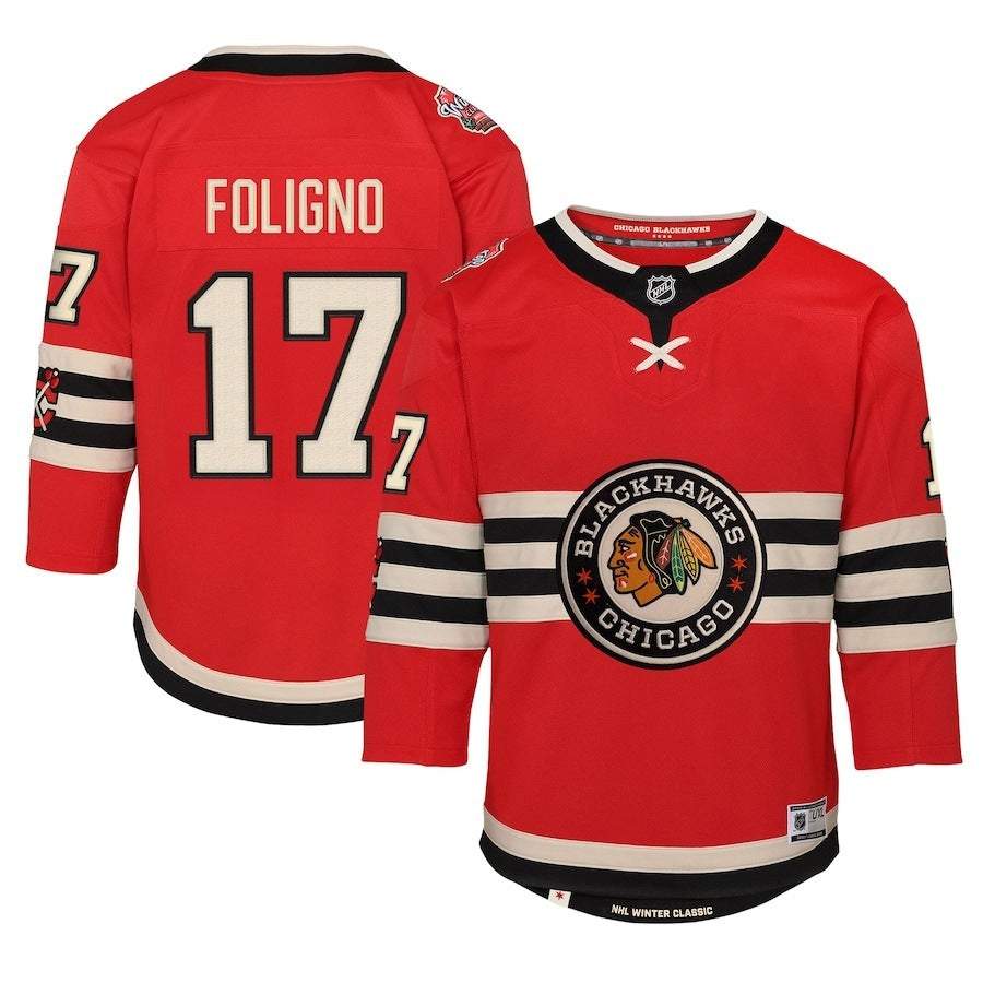 Youth Chicago Blackhawks #17 Nick Foligno 2025 NHL Winter Classic Premier Player Jersey - Red hockey jersey product view 1