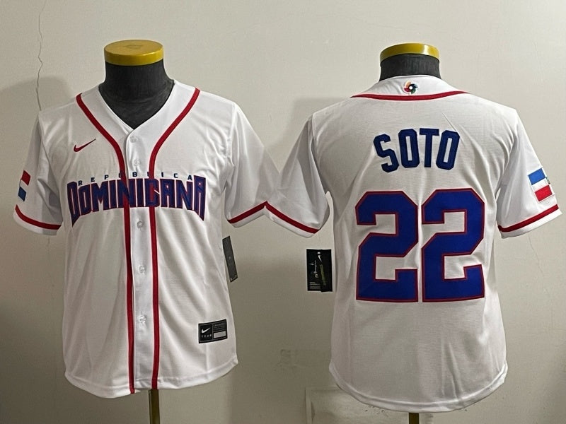 Youth Dominican Republic Baseball #22 Juan Soto Blue 2026 World Baseball Classic 26 World Cup Women Youth baseball jersey product view 1