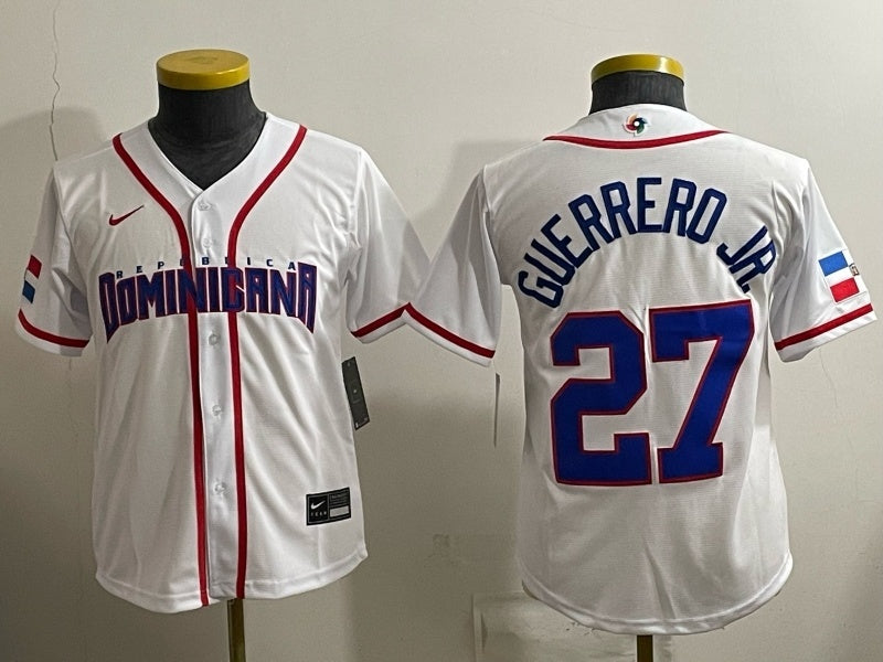 Youth Dominican Republic Baseball #27 Vladimir Guerrero Jr. White 2026 World 26 World Cup Women Youth baseball jersey product view 1