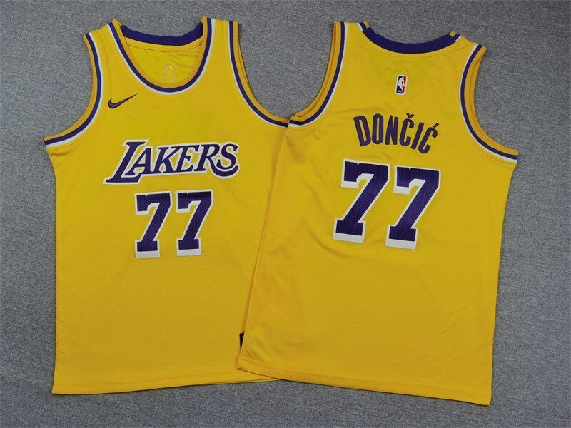 Youth Los Angeles Lakers #77 Luka Doncic Youth Lakers 77 # Doncic Yellow Style 1 Basketball Jersey basketball jersey product view 1