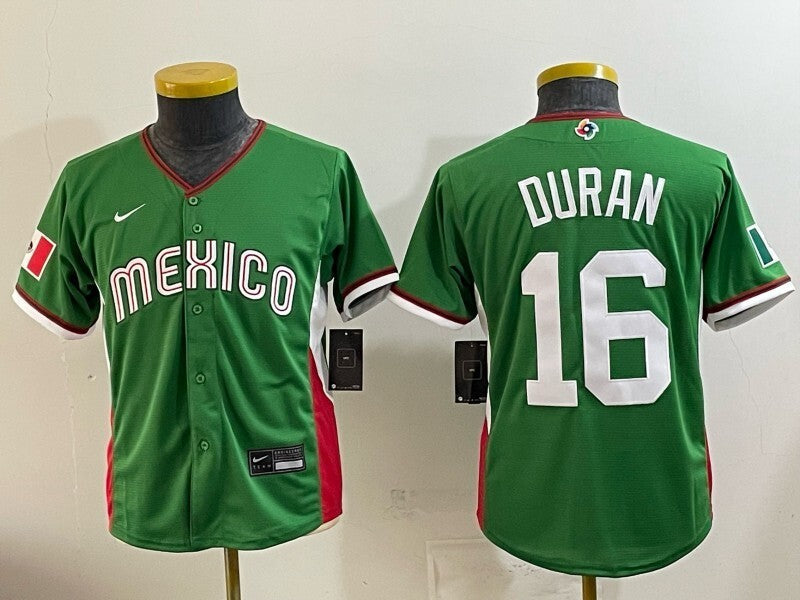 Youth Mexico Baseball #16 Jarren Duran Green 2026 World Baseball Classic 26 World Cup Youth baseball jersey product view 1