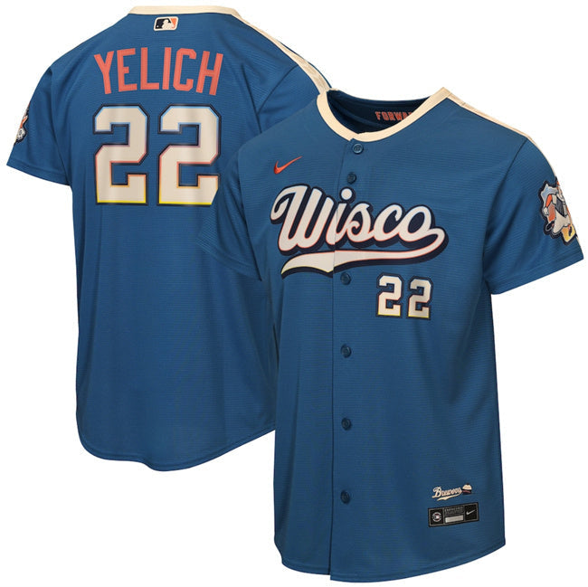 Youth Milwaukee Brewers #22 Christian Yelich Mineral Blue 2026 City Connect Stadium Baseball Jersey baseball jersey product view 1