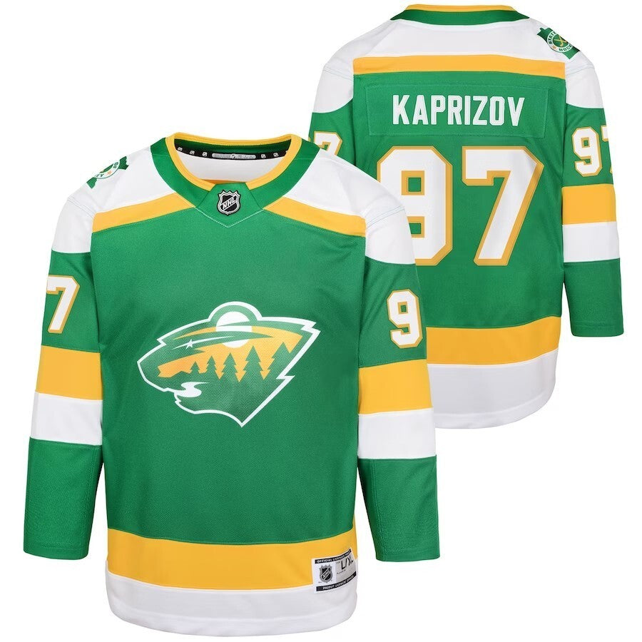 Youth Minnesota Wild #97 Kirill Kaprizov 202324 Alternate Premier Player Jersey – Green Hockey Jersey hockey jersey product view 1