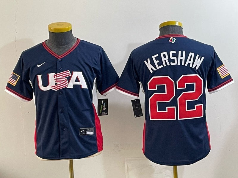 Youth USA Baseball #22 Clayton Kershaw Navy 2026 World Baseball Classic 26 World Cup Youth baseball jersey product view 1