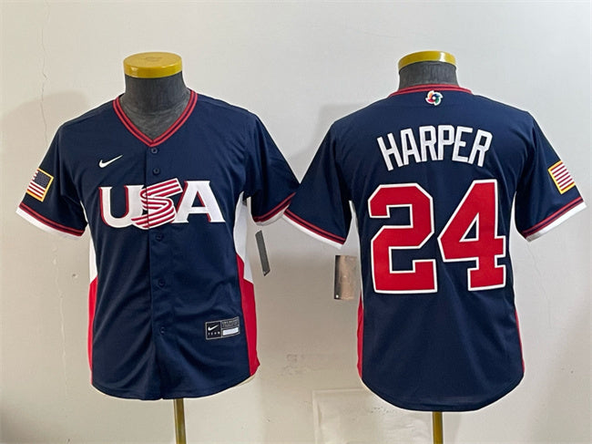 Youth USA Baseball #24 Bryce Harper Navy 2026 World Baseball Classic Stadium Soccer Jersey baseball jersey product view 1