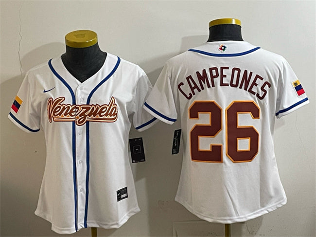Youth Venezuela Baseball #26 Campeones White 2026 World Baseball Classic Home Stadium Football Jersey football jersey product view 1