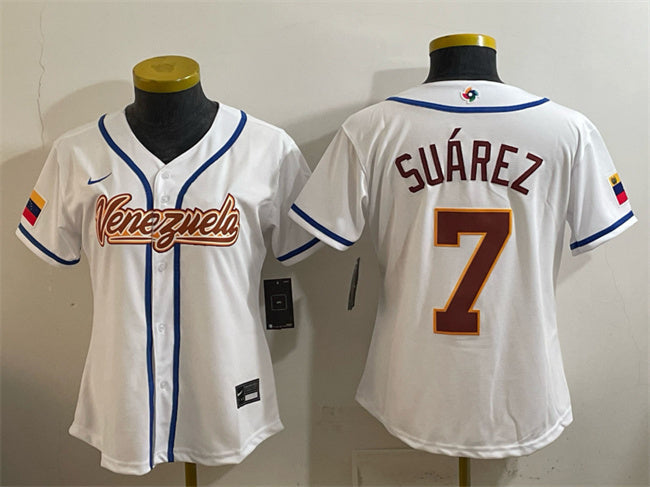 Youth Venezuela Baseball #7 Eugenio Suárez White 2026 World Baseball Classic Home Football Jersey football jersey product view 1