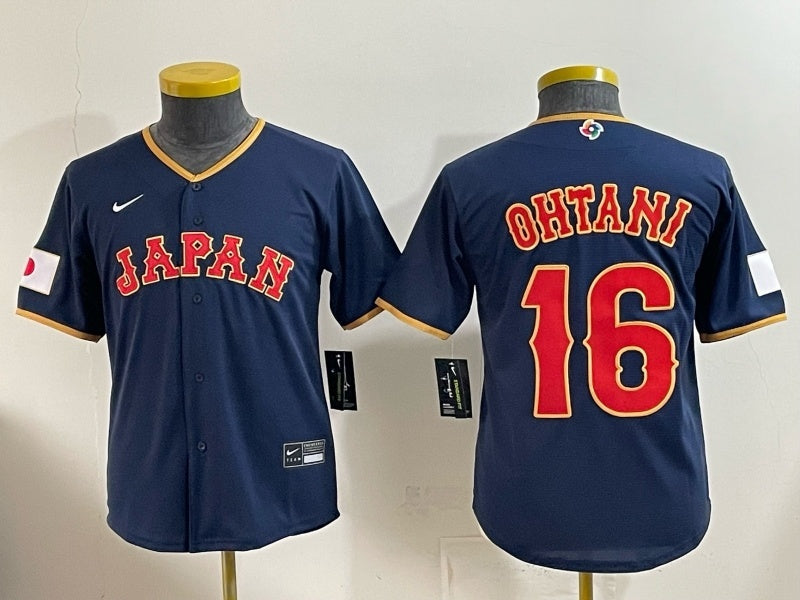 Youth japan baseball #16 shohei ohtani navy 2026 world baseball classic 26 World Cup Youth baseball jersey product view 1