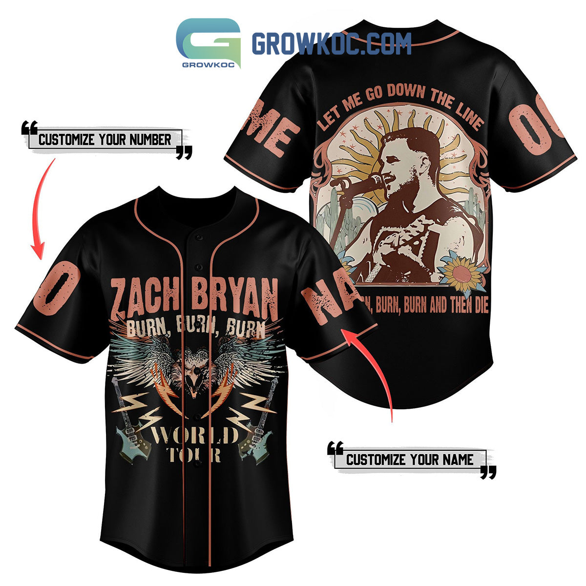 Zach Bryan Burn Burn World Tour Personalized Baseball Jersey baseball jersey product view 1