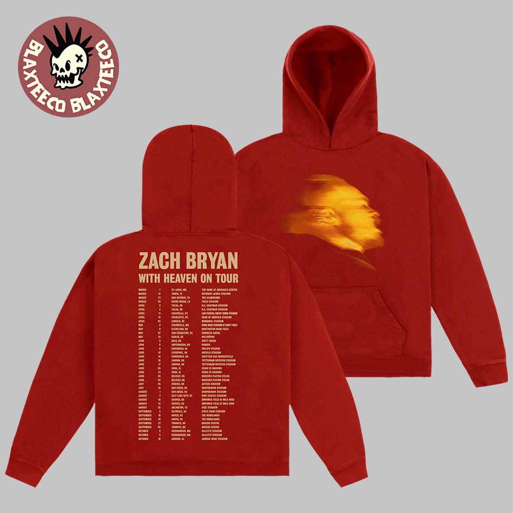 Zach Bryan With Heaven On Top Tour 2026 Merch With Dates Back Red Hoodie Unisex T-shirt, Sweatshirt, Hoodie, Long Sleeve Tee - T-Shirt, Sweatshirt, Hoodie
