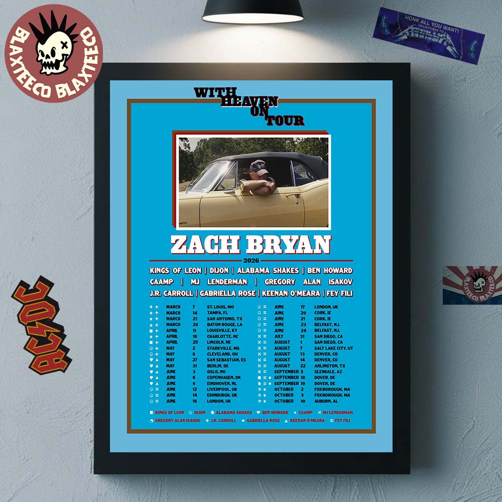 Zach Bryan With Heaven On Tour 2026 Schedule Tour Dates Home Decor Poster Canvas Unisex T-shirt, Sweatshirt, Hoodie, Long Sleeve Tee - T-Shirt, Sweatshirt, Hoodie