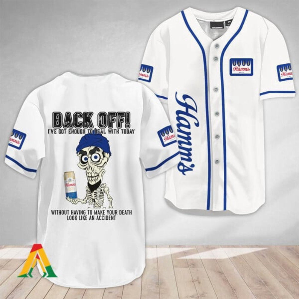 Achmed Back Off: Hamm s Beer Baseball Jersey - Unique & Stylish Sports Apparel - Aopprinter baseball jersey product view 2