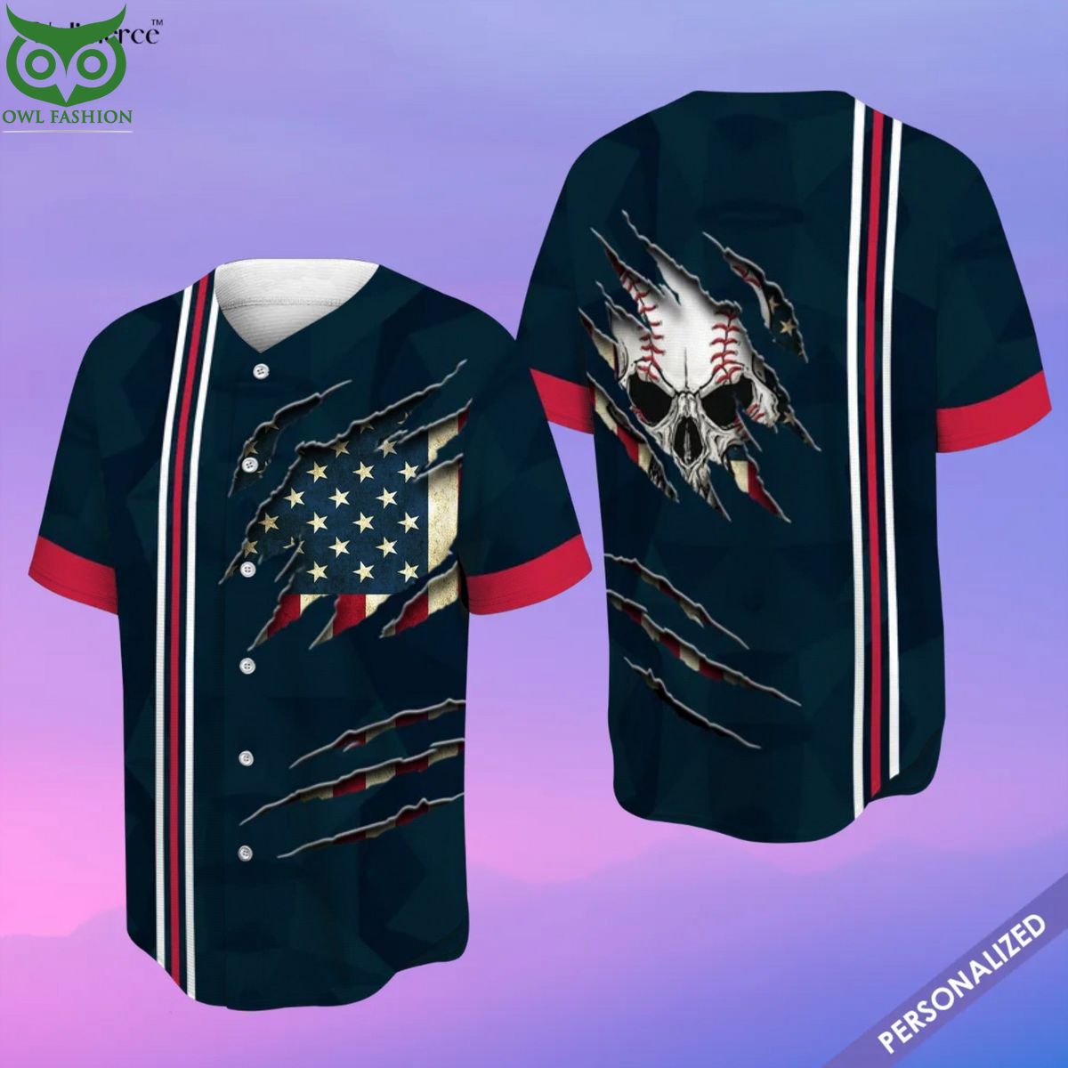 America Skull Blue 3D Team Baseball Jersey baseball jersey product view 1