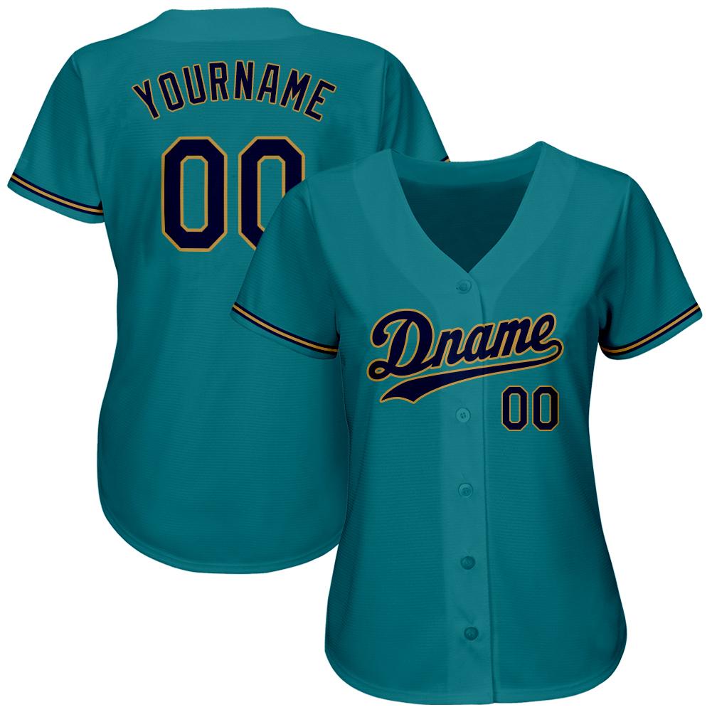 Custom Teal Navy-Old Gold Authentic Baseball Jersey baseball jersey product view 2