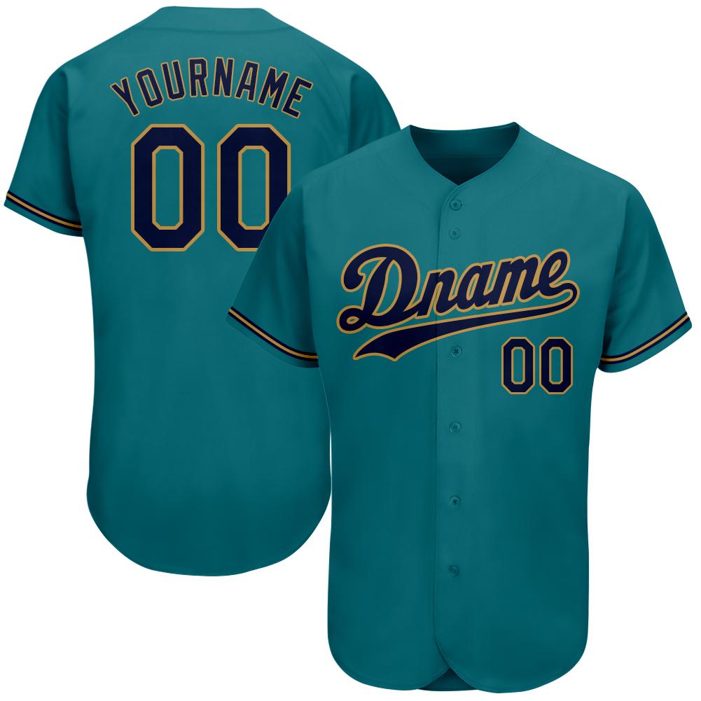 Custom Teal Navy-Old Gold Authentic Baseball Jersey baseball jersey product view 1