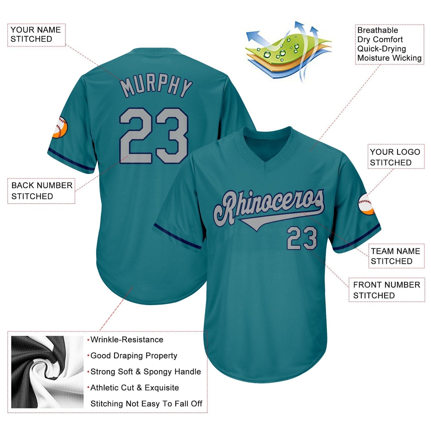 Custom Aqua Gray-Navy Authentic Throwback Rib-Knit Baseball Jersey Shirt baseball jersey product view 4