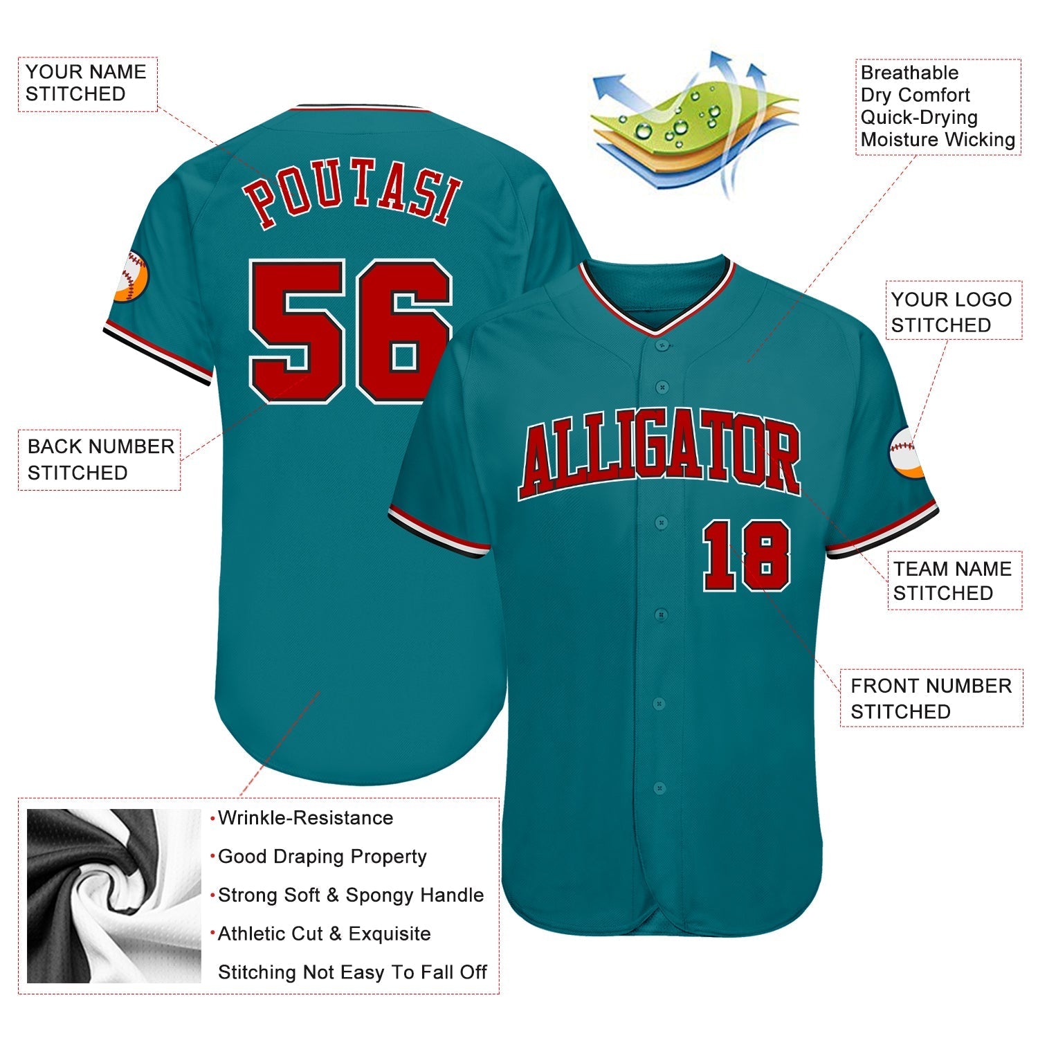 Custom Teal Red-Black Authentic Baseball Jersey baseball jersey product view 3