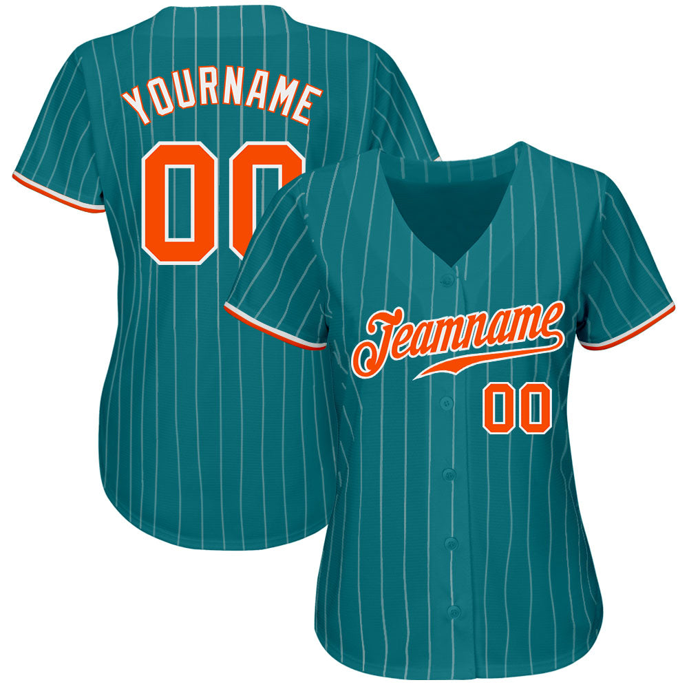 Custom Teal White Pinstripe Orange-White Authentic Baseball Jersey baseball jersey product view 2