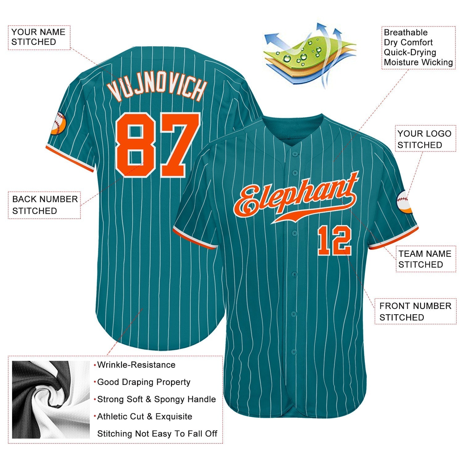 Custom Teal White Pinstripe Orange-White Authentic Baseball Jersey baseball jersey product view 3