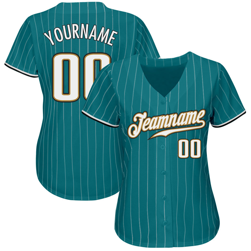 Custom Teal White Pinstripe White-Old Gold Authentic Baseball Jersey baseball jersey product view 2