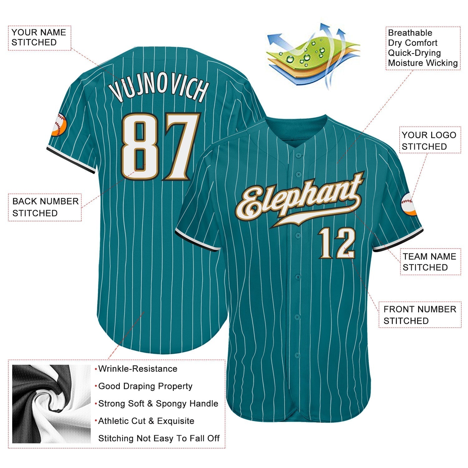 Custom Teal White Pinstripe White-Old Gold Authentic Baseball Jersey baseball jersey product view 3