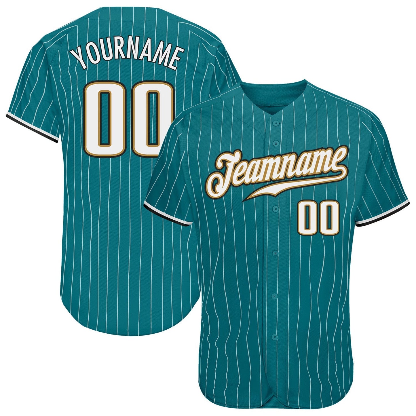 Custom Teal White Pinstripe White-Old Gold Authentic Baseball Jersey baseball jersey product view 1
