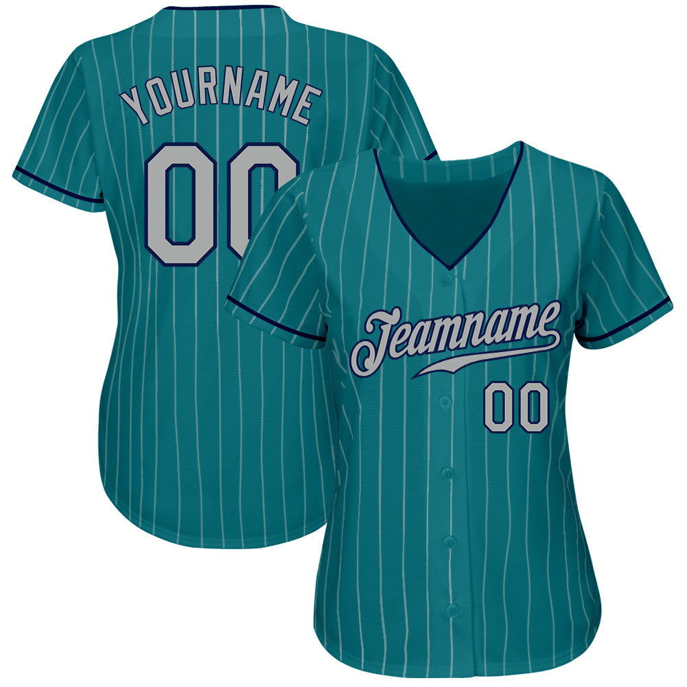 Custom Teal White Pinstripe Gray-Navy Authentic Baseball Jersey baseball jersey product view 2