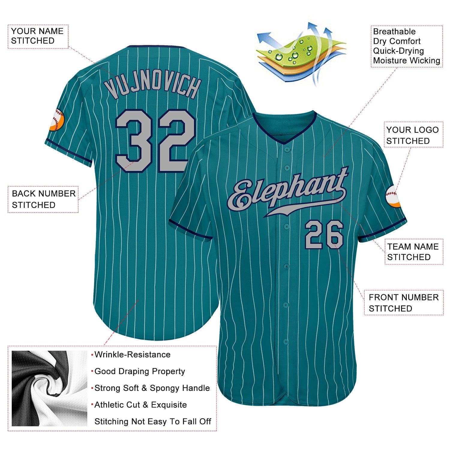 Custom Teal White Pinstripe Gray-Navy Authentic Baseball Jersey baseball jersey product view 3
