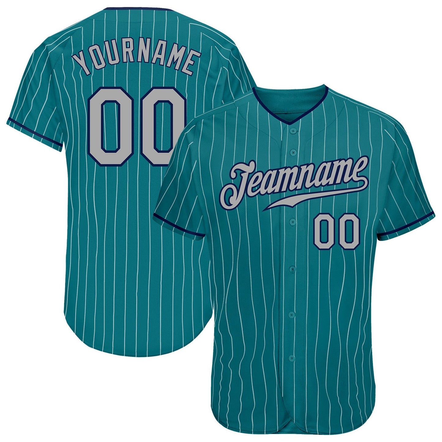 Custom Teal White Pinstripe Gray-Navy Authentic Baseball Jersey baseball jersey product view 1