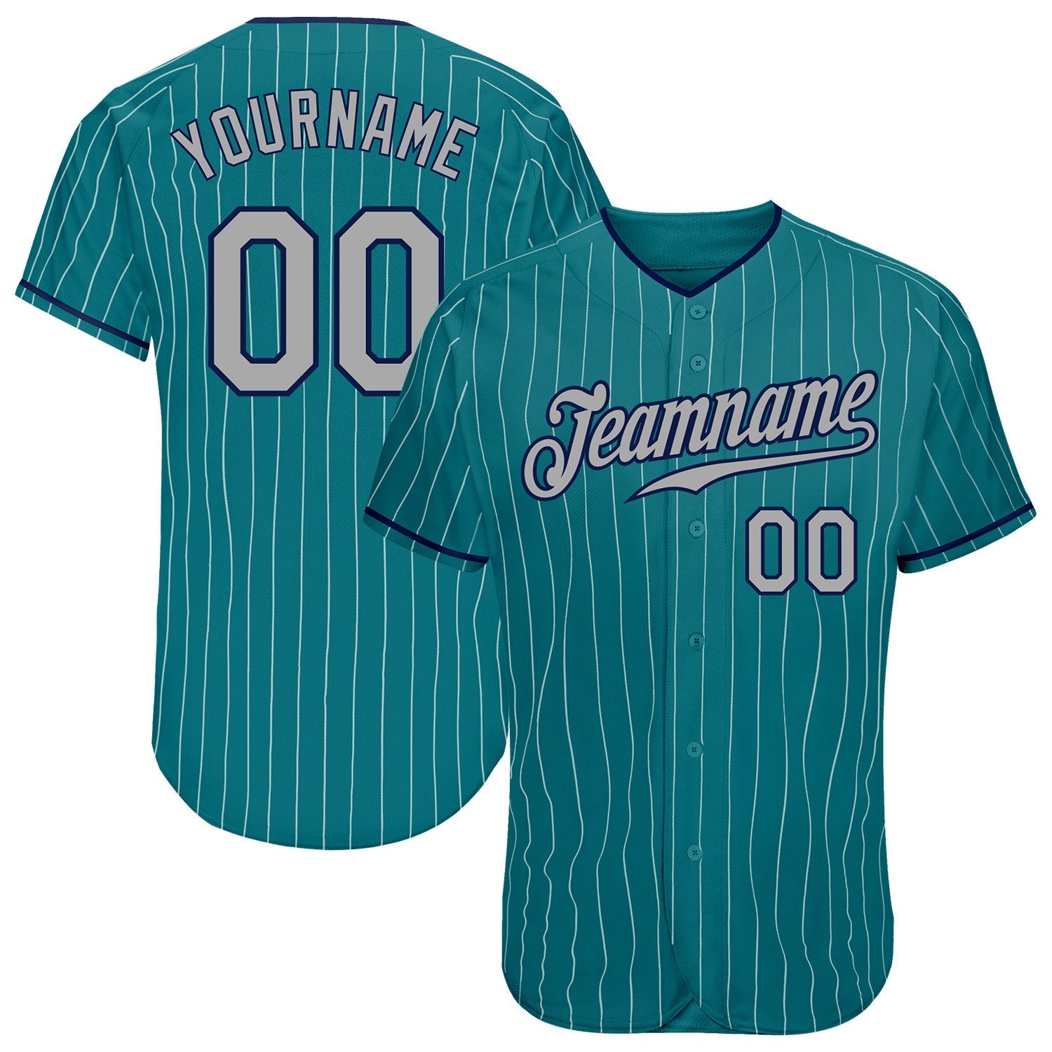 Custom Teal White Pinstripe Gray-Navy Authentic Baseball Jersey baseball jersey product view 1