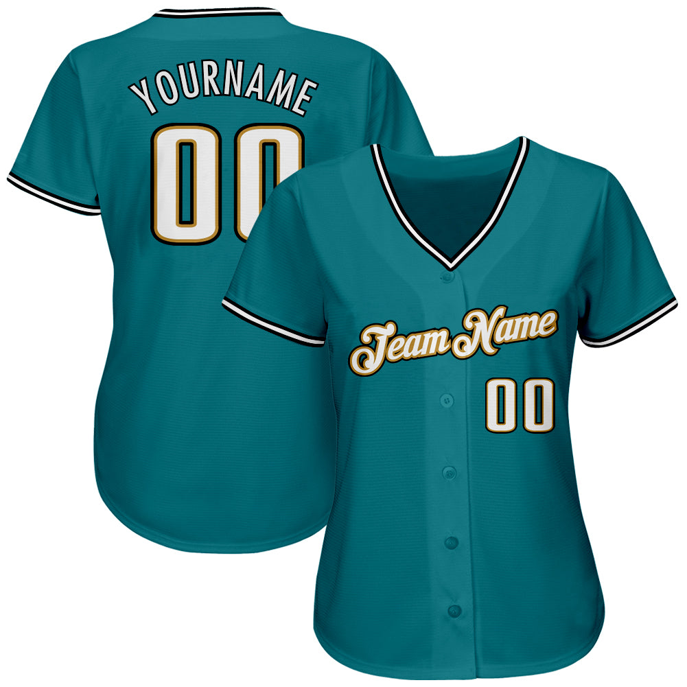 Custom Teal White-Old Gold Authentic Baseball Jersey baseball jersey product view 2