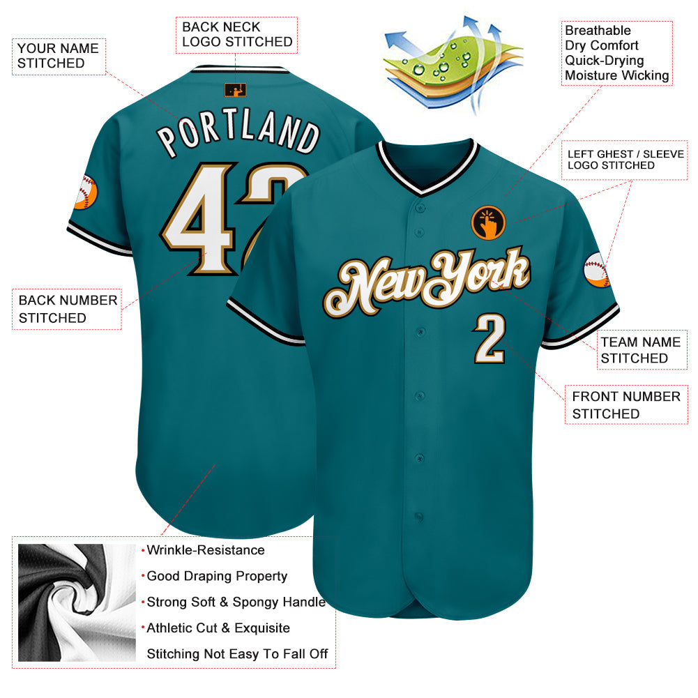 Custom Teal White-Old Gold Authentic Baseball Jersey baseball jersey product view 3