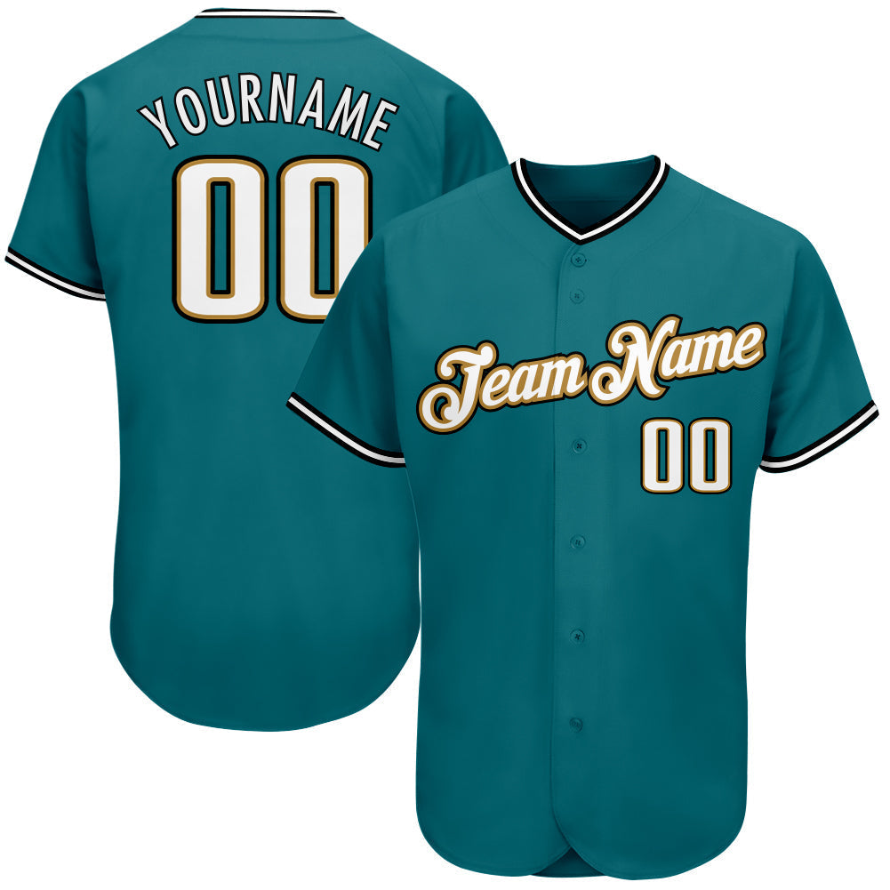 Custom Teal White-Old Gold Authentic Baseball Jersey baseball jersey product view 1