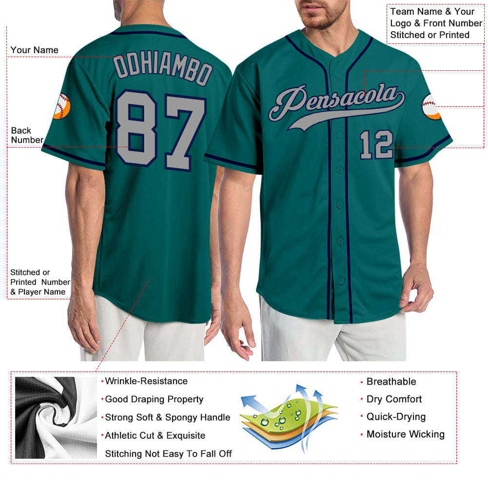Custom Teal Gray-Navy Authentic Baseball Jersey baseball jersey product view 3