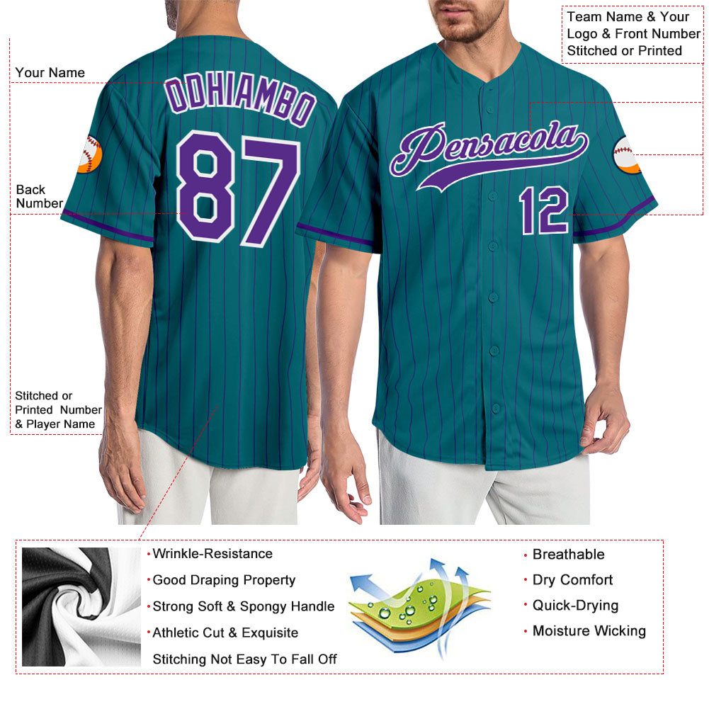 Custom Teal Purple Pinstripe Purple-White Authentic Baseball Jersey baseball jersey product view 3