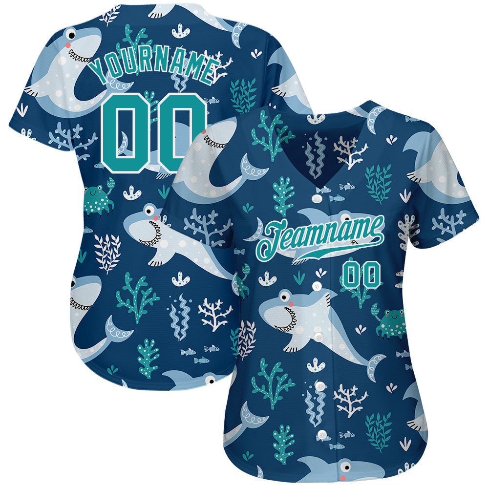 Custom Teal Teal-White 3D Pattern Design Sharks Authentic Baseball Jersey baseball jersey product view 2