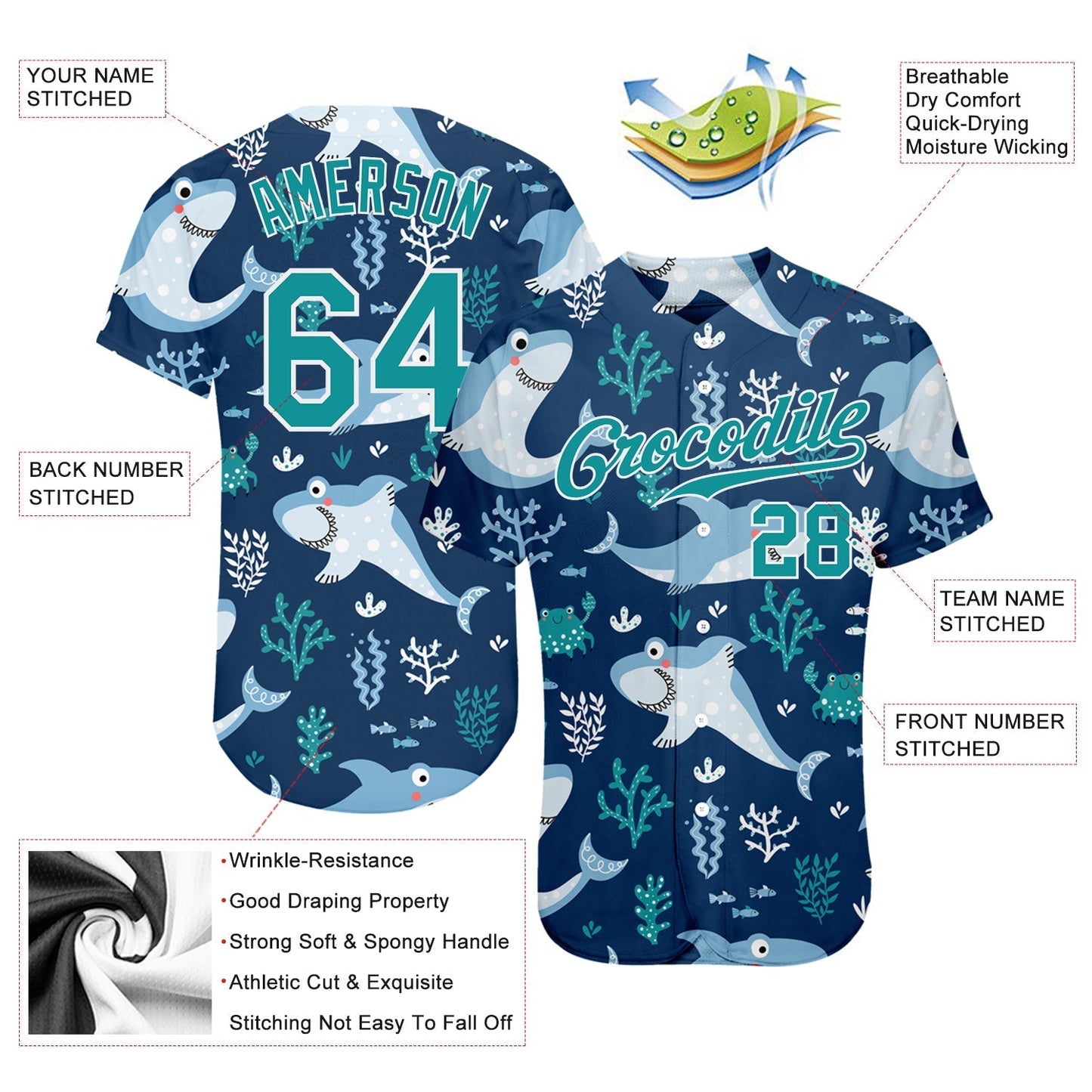 Custom Teal Teal-White 3D Pattern Design Sharks Authentic Baseball Jersey baseball jersey product view 3